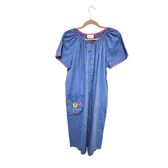 Vintage Smart Time Womens XL House Dress Granny Button Front Embroidered Flower - Picture 2 of 13